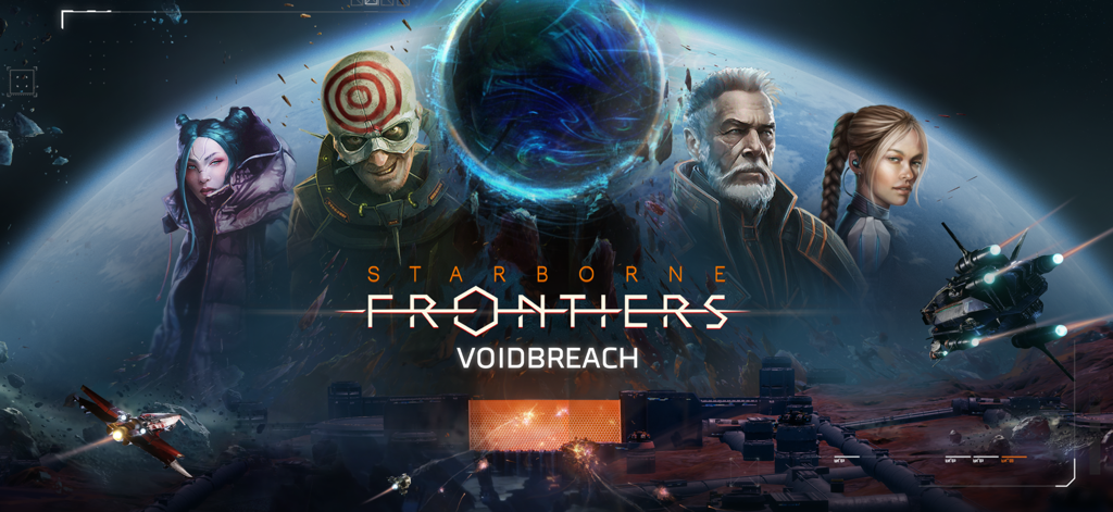 Cinematic promotional art for Starborne Frontiers Voidbreach featuring four unique ship captains and spaceships in orbit around a planet
