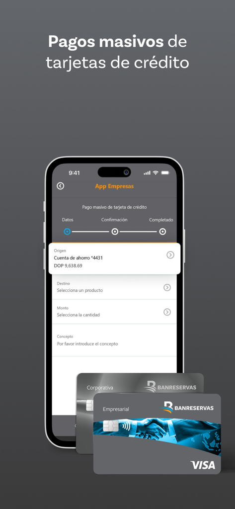 Banreservas Empresas mobile app screen for bulk credit card payments