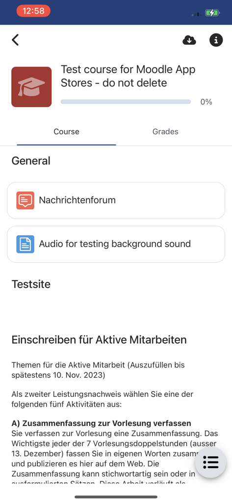 ETH Moodle - Oberfläche der ETH Moodle Mobile App, die Kursdetails und Lernmaterialien anzeigt