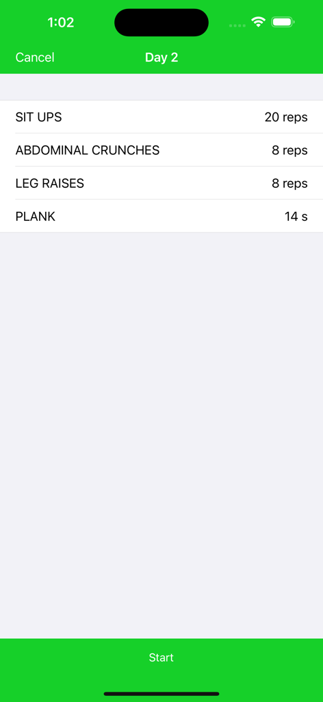Captura de pantalla de la aplicación móvil mostrando una rutina de entrenamiento diaria para el Día 2, incluyendo abdominales, crunches, elevaciones de piernas y planchas