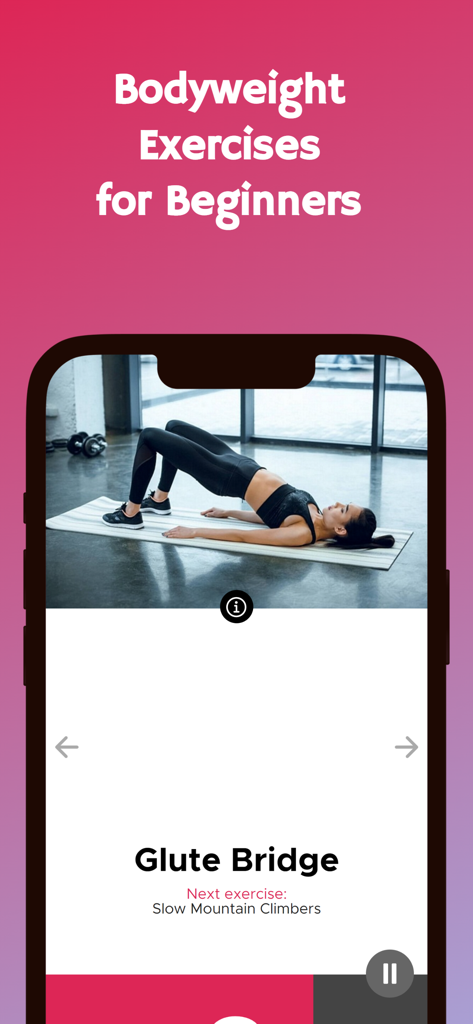 Workout Plan For Women - Interfaz de la aplicación de entrenamiento que muestra a una mujer realizando un ejercicio de puente de glúteos para principiantes