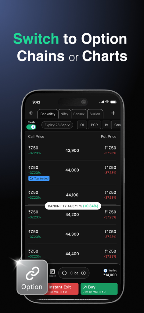 Flash Trading App by INDstocks - Una pantalla de teléfono móvil que muestra la interfaz de la aplicación Flash Trading con la cadena de opciones de Banknifty con precios de call y put y botones rápidos de compra o salida.