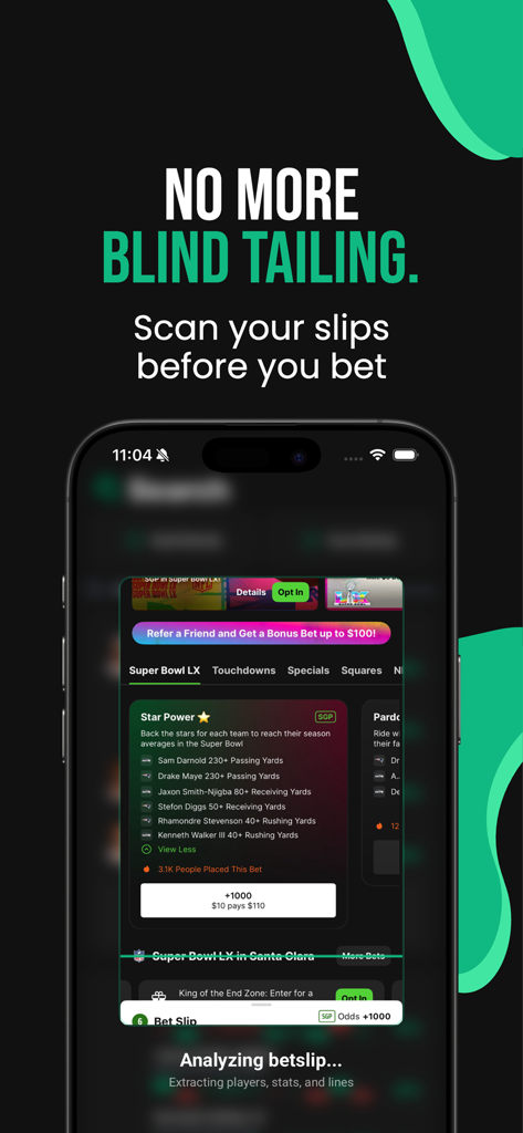 Interfaz de la aplicación móvil ParlayLens demostrando cómo escanear un boleto de apuestas deportivas para el análisis de IA de props de jugadores.