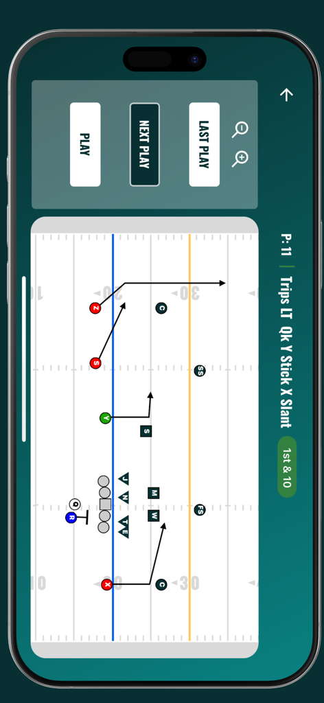 FootballU - Mobile app screen displaying a football offensive play diagram with route lines on a field.