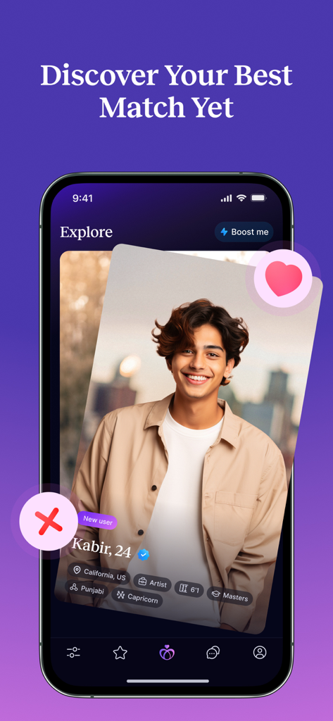 A screenshot of the Vinita dating app showing a male profile with cultural tags and a swiping interface
