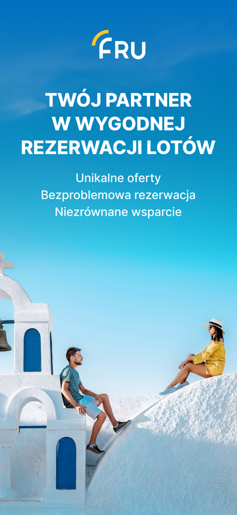 A couple relaxing on white architecture in Santorini for the FRU flight booking app