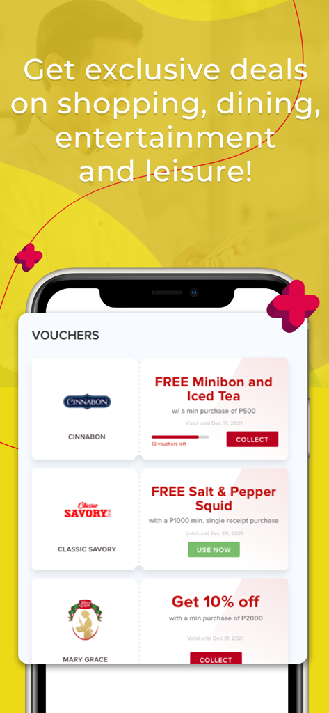 A mobile screen showing various shopping and dining vouchers within the RMalls plus app