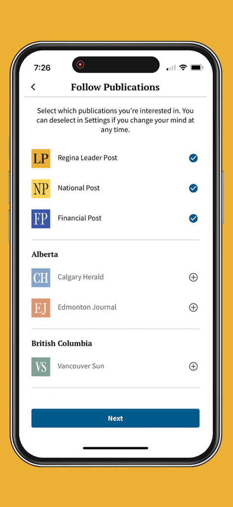 Leader-Post - A mobile screen in the Leader-Post app showing a list of news publications to follow and customize a news feed.