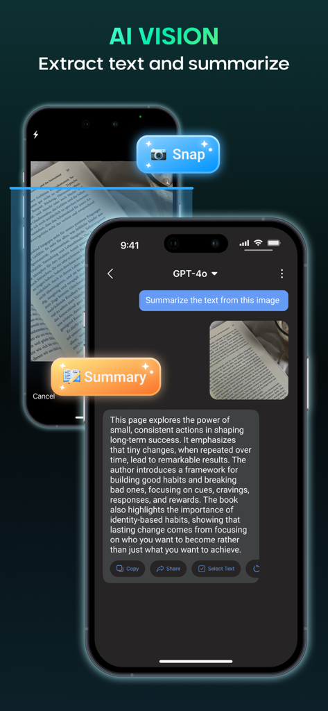 AI Chat: AI Chatbot 5 0 - Aplicativo móvel AI Chatbot demonstrando o recurso AI Vision para extrair e resumir texto da página de um livro.