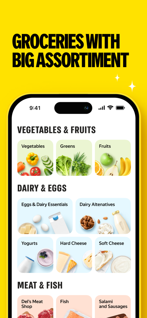Yango Deli app interface showing grocery categories like vegetables fruits and dairy