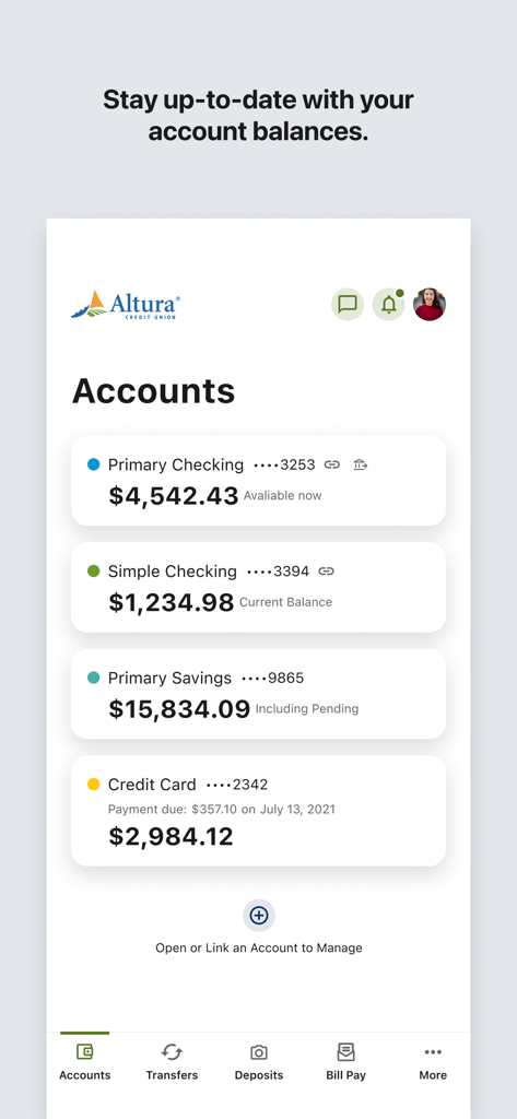 Altura Credit Union Mobile App - Altura Credit Union mobile app dashboard showing balances for checking savings and credit card accounts