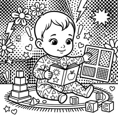 This delightful coloring page combines the joy of early learning with the vibrant energy of Pop Art, featuring a happy baby exploring books and sensory textures. It's an engaging and educational activity designed to spark creativity and promote developmental play.