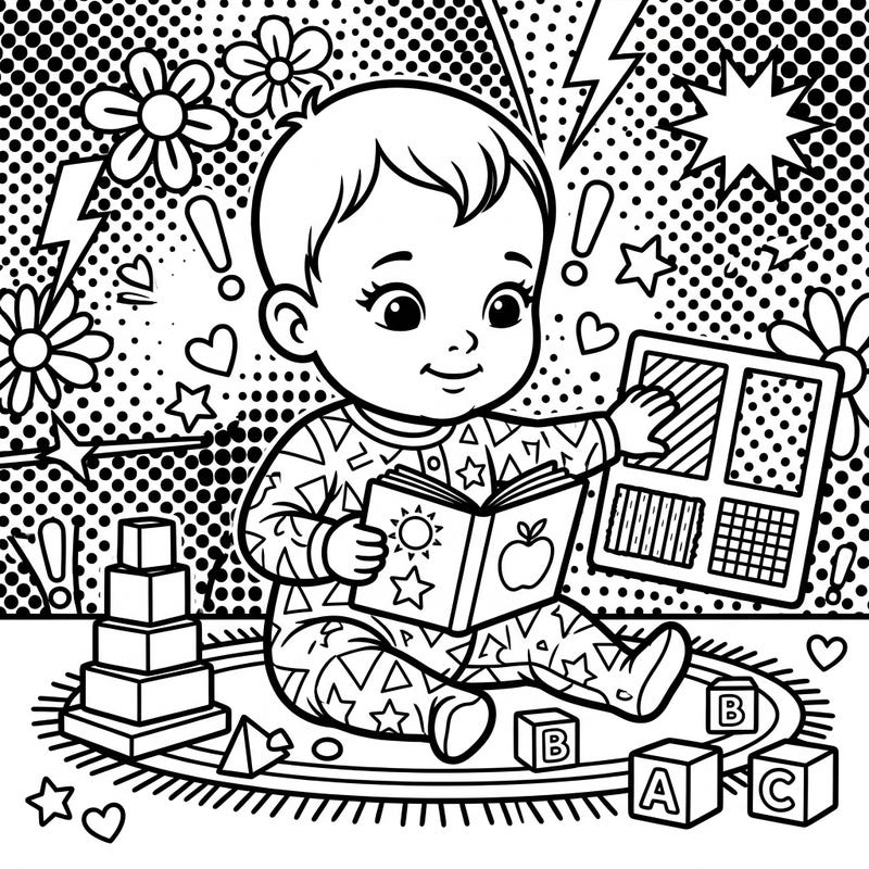 This delightful coloring page combines the joy of early learning with the vibrant energy of Pop Art, featuring a happy baby exploring books and sensory textures. It's an engaging and educational activity designed to spark creativity and promote developmental play.