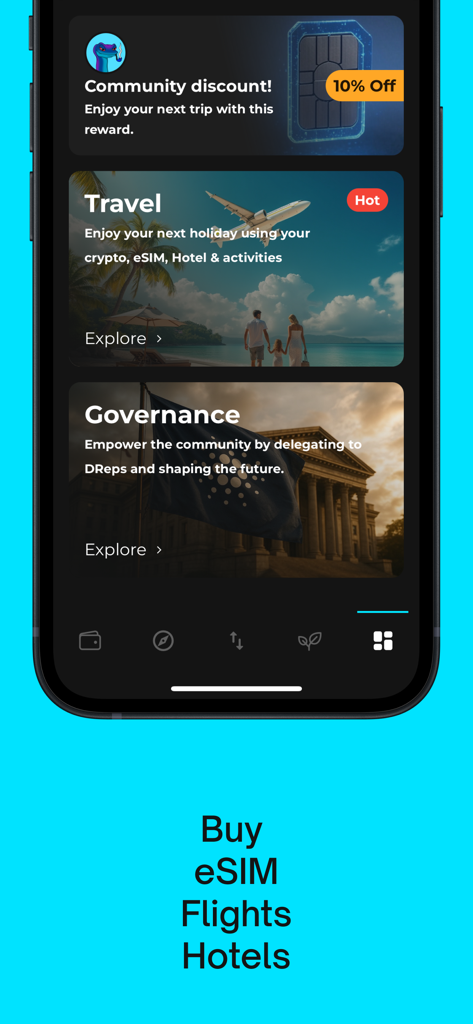 Begin: Bitcoin Cardano Solana - Begin mobile app interface showing travel services governance options and community rewards.