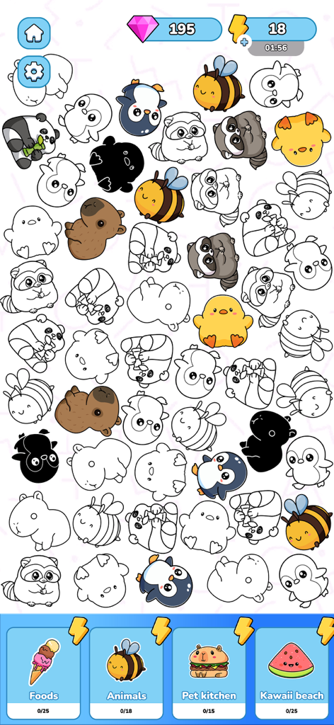 Merge Sticker Playbook 2D - A puzzle screen with cute cartoon animal stickers and outlines to match