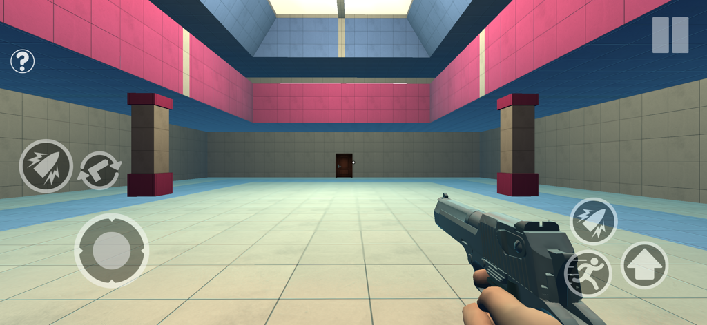 Loop Forest Grandpa in Forest - First person view of a player holding a gun in a pink and blue tiled backrooms chamber