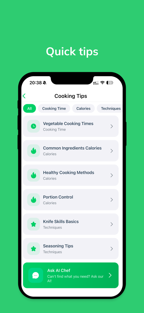 Recipe me & Ai food scanner - Pantalla móvil que muestra una variedad de consejos y técnicas de cocina en la interfaz de la aplicación Cookly AI