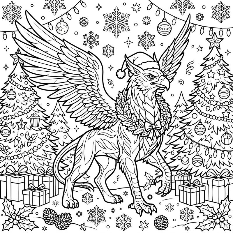Dive into the magical world of fantasy and festive cheer with this unique Shadow Griffin Christmas coloring page. This detailed design features a majestic griffin adorned for the holidays amidst a dazzling winter wonderland.