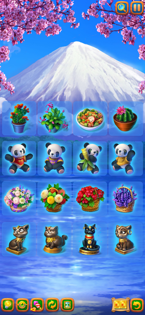 A Mahjong Journey gameplay screen showing matching tiles with a background of Mount Fuji and cherry blossoms.