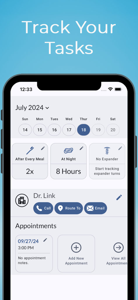 Braces Tracker - Dashboard of Braces Tracker app showing daily hygiene tasks and appointment calendar