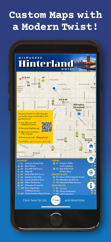HipMaps - Interface do aplicativo HipMaps mostrando um mapa local curado para hóspedes de hotel com recomendações personalizadas