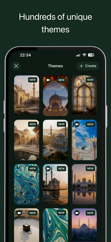 A selection of unique Islamic background themes featuring mosques and calligraphy in the Quran Widgets app interface