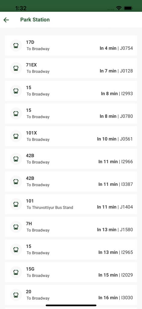 Real-time bus arrival times and destinations at Park Station in the Chennai Bus app