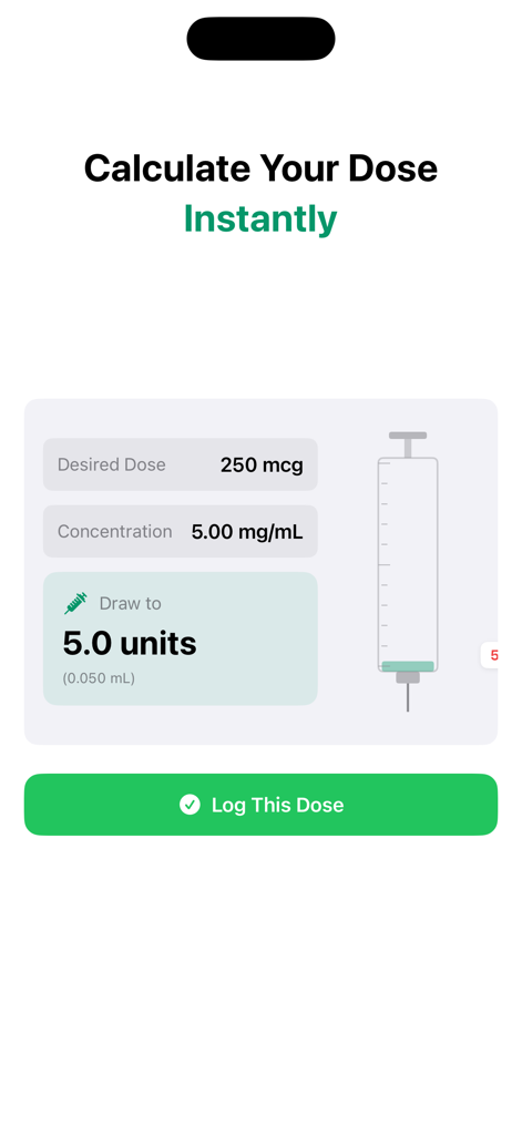 CalcPep - Peptide Calculator - CalcPep app interface showing a peptide dose calculation of 5 units with a visual syringe guide and log button