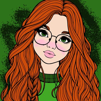 girl with long hair and freckles and glasses realistic