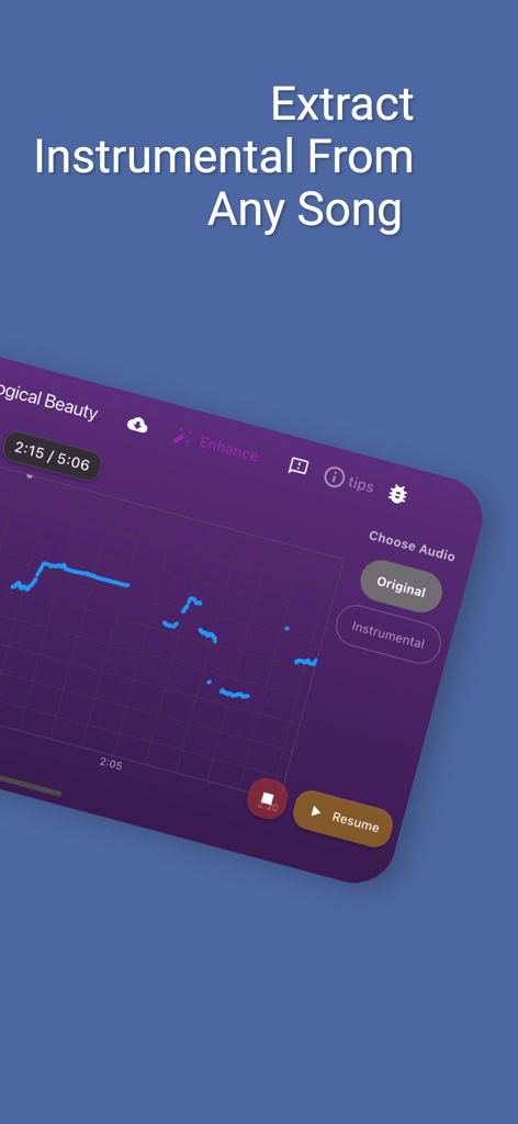Pitchy - Sing On Pitch - Interface of the Pitchy app showing the feature to extract instrumentals from any song for karaoke practice