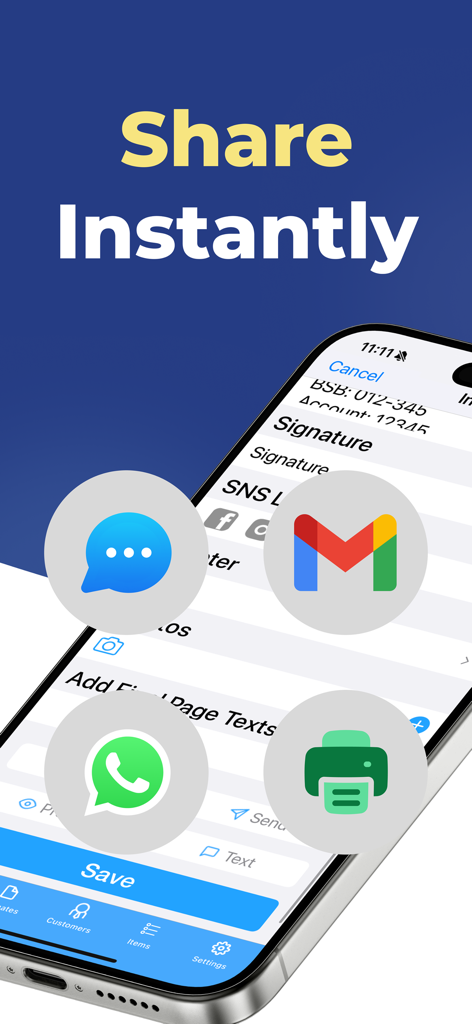 Invoice Maker Flex app interface showing options to share professional invoices instantly via Gmail WhatsApp and text