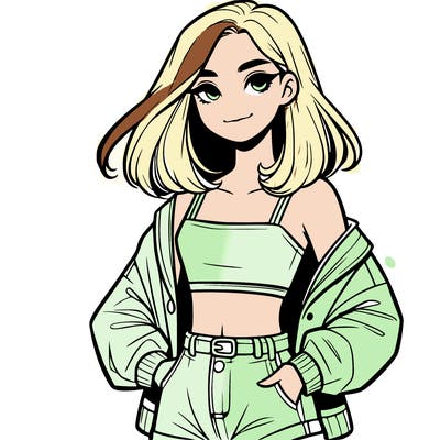 a realistic girl with a crop top and short shorts in an open jacket