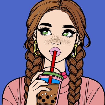 realistic girl with braided hair drinking boba
