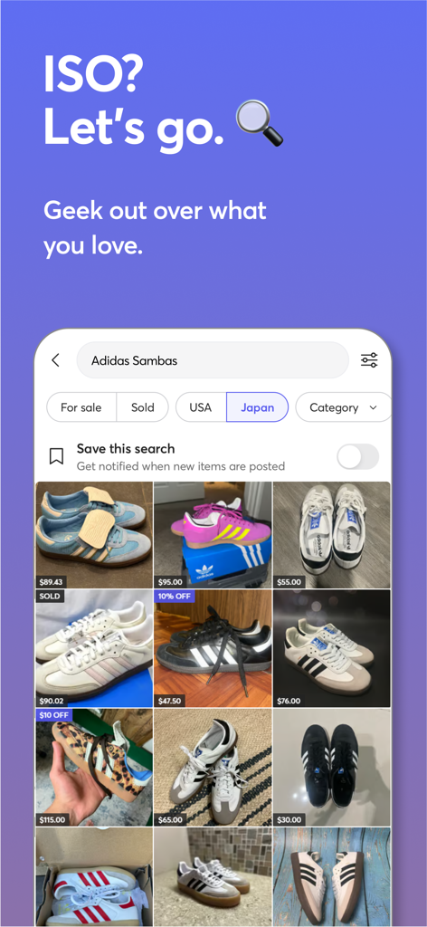 Mercari: Buying & Selling App - Screenshot of the Mercari app showing search results for Adidas Sambas with the Japan shopping filter active