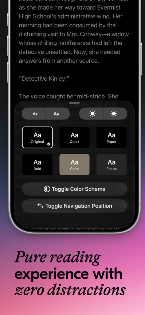 Novelia - Read Original Novels - Interface showing customizable reading settings like font style and dark mode in the Novelia app.