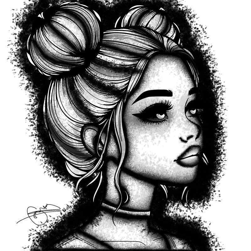 realistic girl with buns on the top of her head