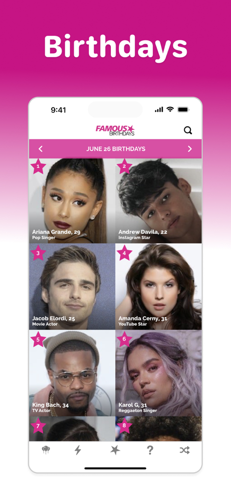 Famous Birthdays - Interface do aplicativo Famous Birthdays mostrando uma lista classificada de celebridades nascidas em 26 de junho