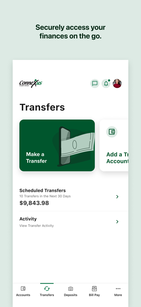 Connexus CU Mobile App Transfers screen showing options to make a transfer and view scheduled transfers.