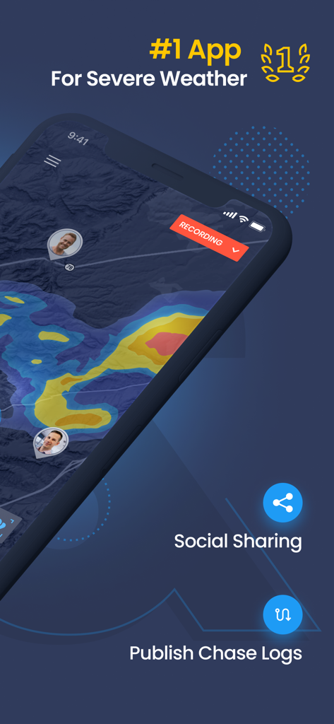 Highways and Hailstones app interface showing a live storm radar map with social sharing and chase log options