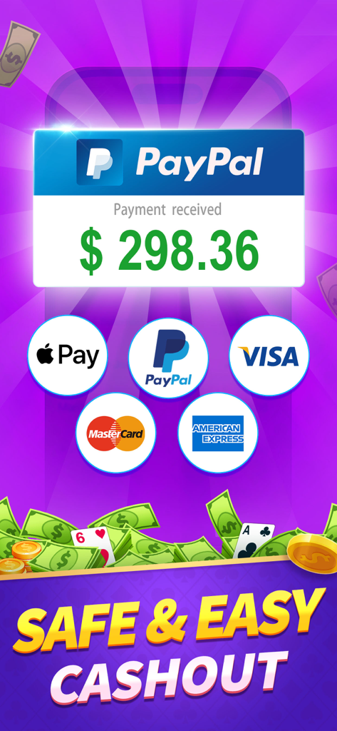 FreeCell Solitaire: Real Money - Screenshot of FreeCell Solitaire app showing a PayPal payment receipt and safe cashout options including Apple Pay and Visa.