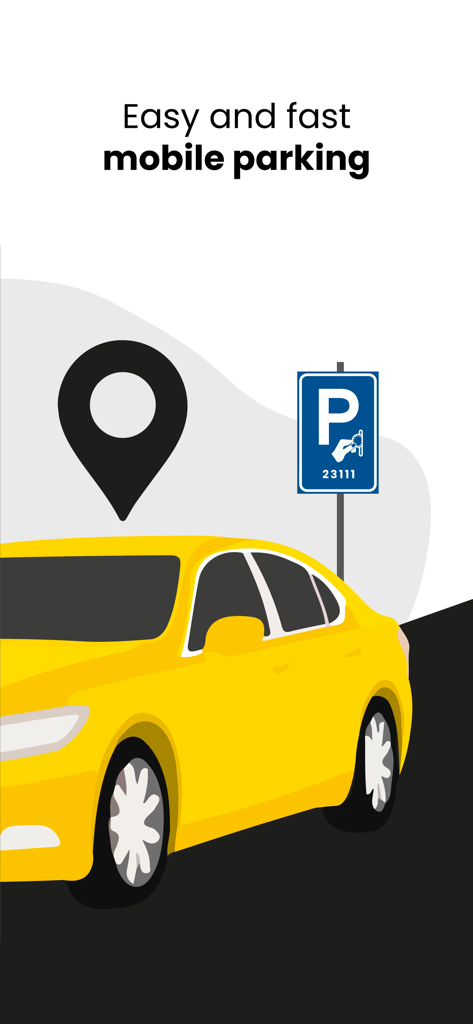 Yellowbrick Parking - An illustration of a yellow car next to a parking sign and location pin with text describing easy and fast mobile parking