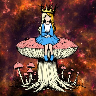 realistic girl sitting on a huge tree stump size toadstool with thorn crown