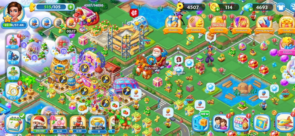 Merge Topia-Screw Jam - A vibrant gameplay screen from Merge Topia showing a busy tropical island resort with buildings and characters.