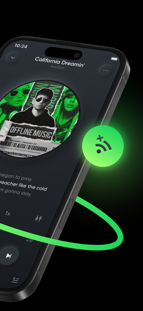 Offline Music Player - MP3, EQ - Dark mode mobile app screen playing music with lyrics and a green plus icon