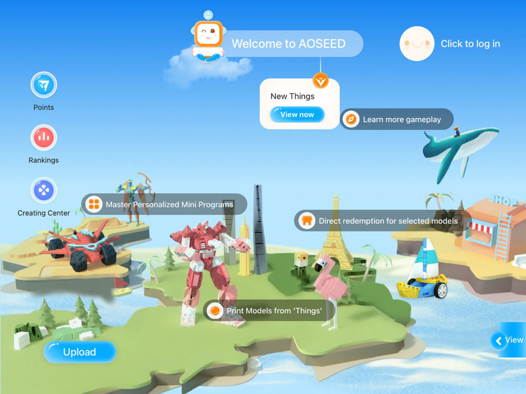 XMAKER HD - Main menu of XMAKER HD app showing a colorful 3D world with robots and landmarks for printing