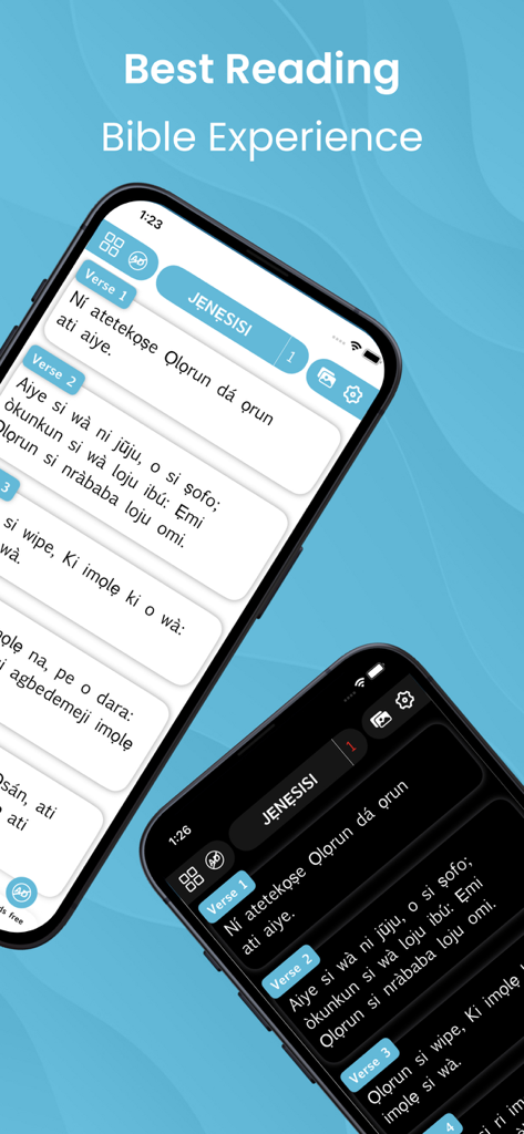 Yoruba Bible app interface showing scripture in both light and dark modes on two smartphones
