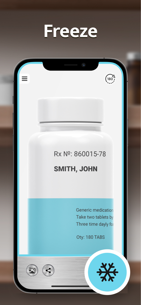 Magnifying Glass app freeze feature showing a zoomed prescription label