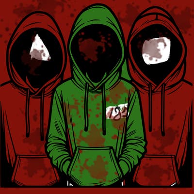 3 faceless people in  hoodies