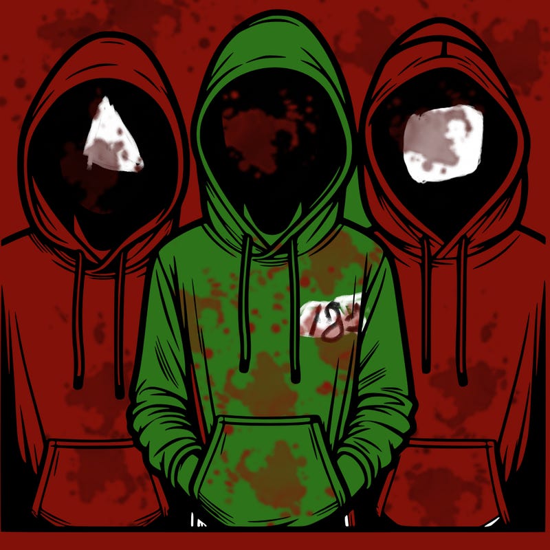 3 faceless people in  hoodies