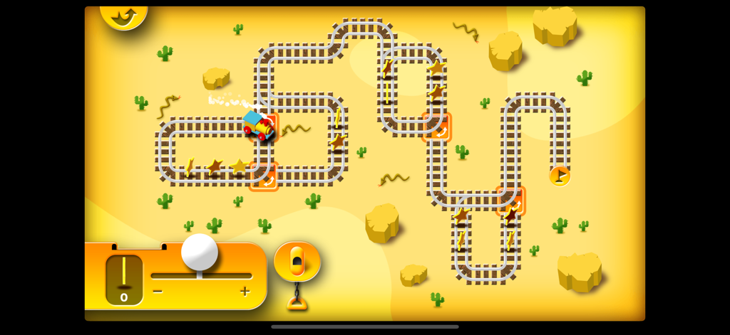 Mini Train for Kids - Toy train on a desert track layout collecting stars with track switching mechanics.